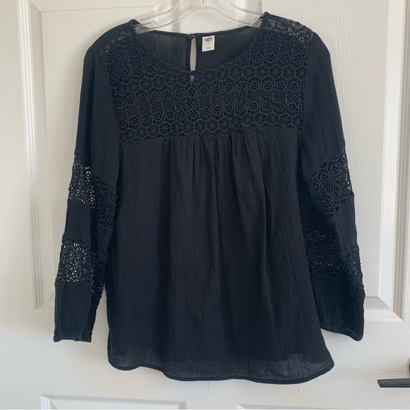 Old Navy Tops - Old Navy Black Crochet Yoke Peasant Blouse Medium